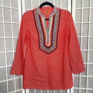 Like New TORY BURCH Embroidered Tunic Red/Orange and White Size 4